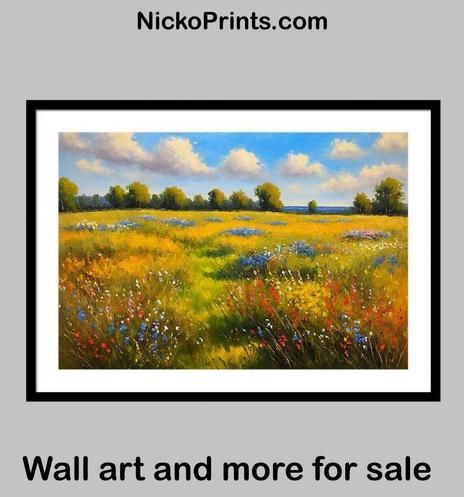 Grassfield with Wildflowers under a Beautiful Sky with Clouds painting for sale