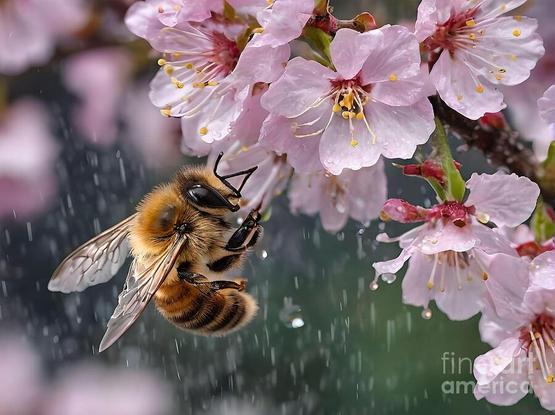 A bee gathers nectar from delicate pink blossoms as raindrops fall. The scene captures a moment of nature bustling with life and activity against a soft, blurred background.