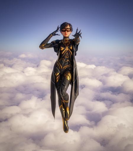 description by ChatGPT: A lone superheroine hovers high above a vast, sun-lit sea of cottony clouds. The sky around her is a clear, gradient blue that deepens toward the top of the frame, evoking the early-morning hush of the upper atmosphere. She balances effortlessly in mid-air, body upright and toes pointed slightly downward, as though standing on an invisible platform.

Her short, jet-black hair is tousled but neat, framing a youthful face half-hidden behind a sleek, matte-black domino mask. The mask’s  eye-slits reveal alert brown eyes fixed straight ahead.

She wears a form-fitting bodysuit of carbon-black fabric interwoven with ornate metallic gold circuitry. Matching black-and-gold armored boots encase her feet; no skin is exposed.

A dark, knee-length cape drapes from her shoulder clasps. Unlike a wind-whipped banner, it hangs almost perfectly vertical, emphasizing the stillness of the air at this altitude.

Her stance conveys poised concentration: her left hand hovers beside her temple, fingers spread as if manipulating unseen energy, while her right arm is extended forward, palm out, fingers splayed in a commanding gesture—suggesting telekinetic or magical control.

Despite the serene pastel backdrop, her focused posture and futuristic regalia hint at latent power, readiness, and the quiet confidence of a guardian watching over the skies.