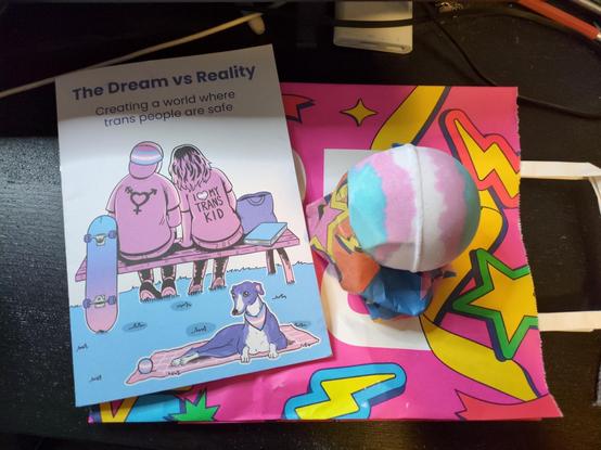 on my desk, a paper bag from Lush with a pamphlet entitled "The Dream vs Reality: Creating a world where trans people are safe", and a spherical bath bomb in trans pride flag colours