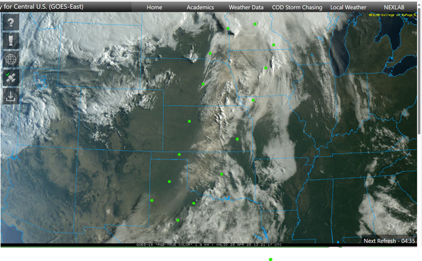Yesterday's New Mexico dust storm has been carried overnight up to parts of Nebraska, Iowa, etc. I encircled the dusty plume with green dots.