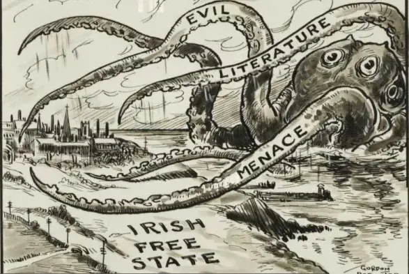An octopus map reproduced from the paper showing a giant octopus advancing on the "Irish free state" with tentacles labeled "evil" "literature" and "menace"