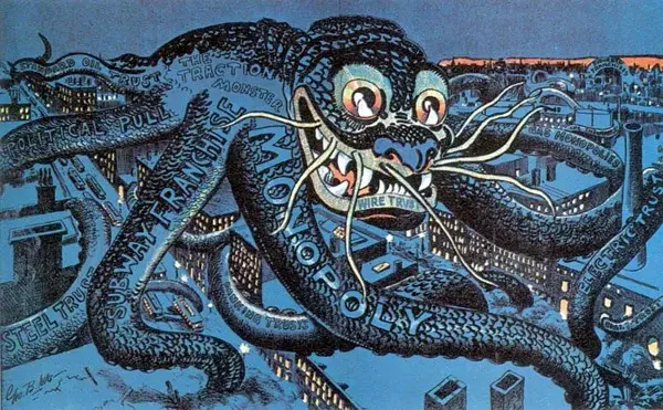 An octopus map reproduced from the paper showing a giant octopus advancing on a city with tentacles labeled "monopoly" "subway franchise" and "political pull"