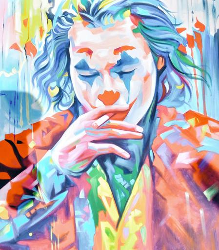 a painting of the joker, smoking a cigarette, seen from his chest up, done in an impressionist style with a bright light palette of colors