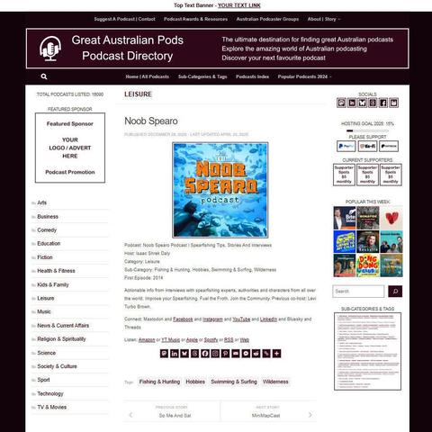 Noob Spearo Podcast | Spearfishing Tips, Stories And Interviews
Screenshot of the podcast listing on the Great Australian Pods website