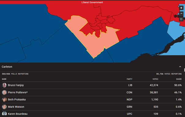 The Canadian  election map, focused on the Ontario Riding where Pierre Poilievre (The defeated Conservative leader) holds his seat. Everyone is hopeful he will lose his own riding so we can open our Champagne and celebrate. 
Breakdown below says 
Bruce Fanjoy      LIB	42,374	50.6%
Pierre Poilievre* CON	38,581	46.1%