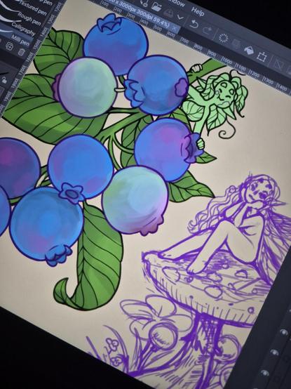 Photo of my drawing tablet, showing in progress illustrations. One is a bunch of blueberries, with a little goblin/pixie munching on one of them, hiding behind the stem. The other is a little fairy/pixie sitting comfortably on a mushroom.