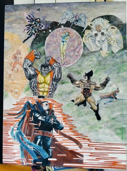 a  battle painting, it is the x-men attacking mr. sinister, they are coming down from above, he is using his powers, to either teleport or lift a force field, colossus is above him, psylocke, sunspot, jean, archangel, storm, gambit, and wolverine, his lab above them, a big dark creepy building, green smoke pouring out, the sky purple and gold, the blackbird hovering high up