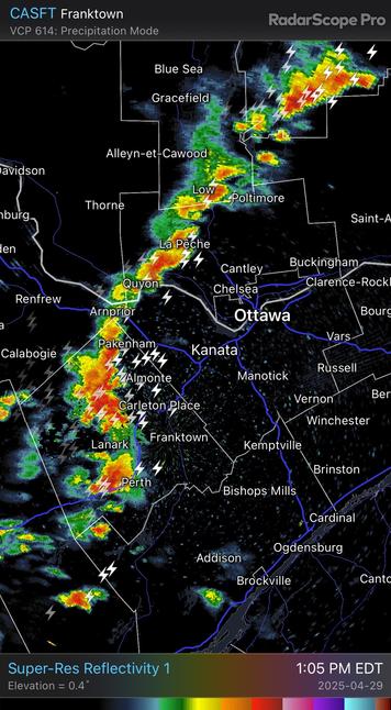 A photo from the weather radar app RadarScope showing a line of thunderstorms and lightning stretching from southeast to northwest, from approximately Perth, ON up past Gracefield, QC.