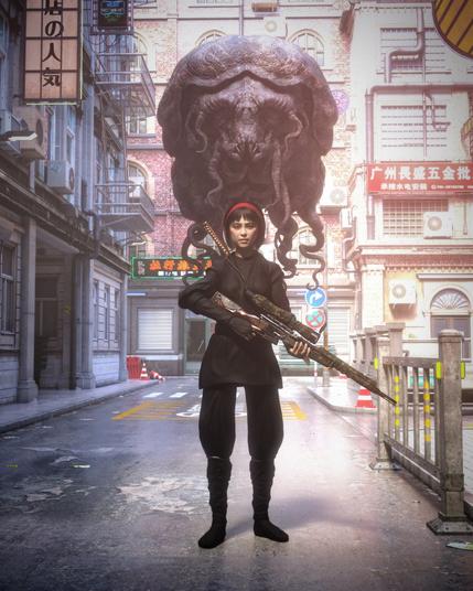 Description by partially ChatGPT: A narrow city street lined with old stone and brick buildings is brightly lit by the afternoon sun. Neon signs in Chinese and Japanese characters hang from metal poles, and air conditioners cling to the building facades. In the center of the street stands a young woman in all black—waering a ninja outfit, and a red headband. She’s calm but alert, and cradles a worn, camouflaged sniper rifle in both hands. A katana in a scabbard is slung across her back.

Directly behind her looms a massive, grotesque creature suspended in the air. It has a bulbous, warped head and is tentacled like something from a nightmare. The beast appears ancient, with stone-like skin and tendrils spilling downward like roots. Though it casts no visible shadow, its presence dominates the scene.

Despite the urban setting, there's an eerie silence. No other people are visible, as if the city has emptied in response to the arrival of this strange pair. The woman’s calm stance and focused gaze imply she is either guarding the street—or summoning whatever comes next.