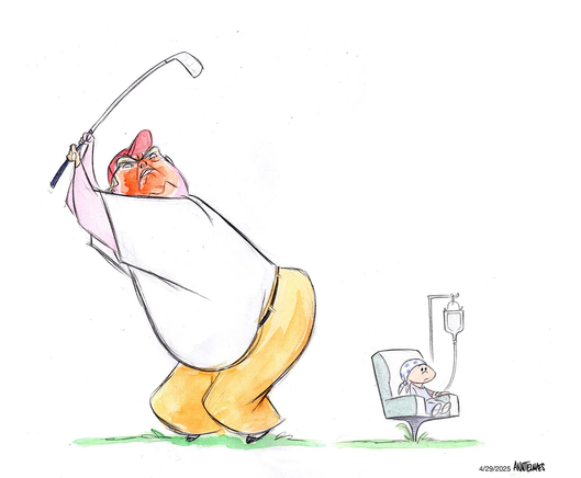 Political cartoon by Ann Telnaes that shows a red-faced Donald Trump on a golf course and about to take a swing with his golf club at a child who is a patient sitting in a chair and hooked up to intravenous medication.