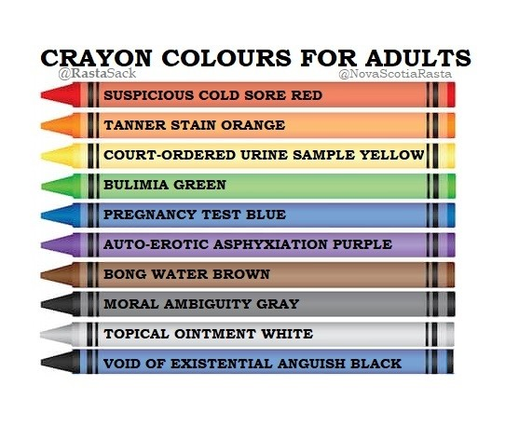 10 Crayons described as follows
Crayon Colours For Adults
Suspicious Cold Sore Red
Tanner Stain Orange
Bulimia Green
Pregnancy Test Blue
Auto-erotic Asphyxiation Purple
Bong Water Brown
Moral Ambiguity Gray
Topical Ointment White
Void of Existential Anguish Black