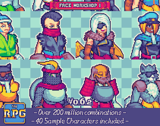 Screenshot with a preview of the characters that can be built using the Face Workshop. The text notes that over 200 millions of combinations are possible, with 40 sample characters ready to go. The sample has catfolk, vampires, werewolves and humans.