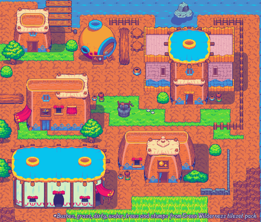 Colorful village built using the Nearby Village and Green Wilderness tilesets. The village has white tents with blue roofing, orange brick buildings with blue highlights and a very peculiar spherecial building that houses the city mage. There is a well right on the center of the village.