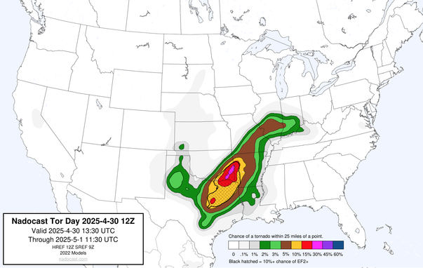 12z Day #Tornado Forecast - a map of the United States depicting areas of various colors to incidate tornado risks