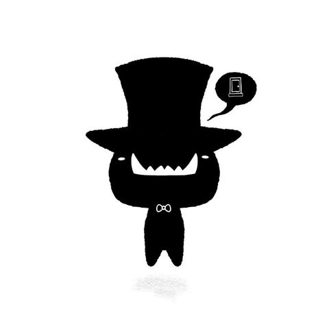 Simple illustration of a small, floating black figure with bright white fangs and little white eyes, wearing a large top hat and small bowtie. One black speech bubble floats on the right, filled with a line illustration of a door.