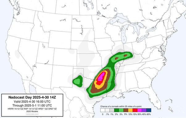 14z Day #Tornado Forecast - a map of the United States depicting areas of various colors to incidate tornado risks