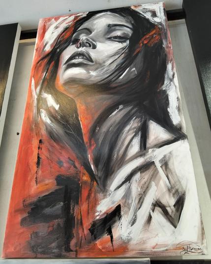 a painting of a woman in a robe against a white background, slashes of black and red paint, her face looing upwards
