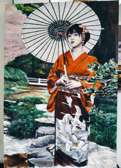 a painting of a woman standing on rocks over a stream, wearing a red kimono with an umbrella resting on her shoulder. there are flying cranes on from the hips down on her kimono, her hair is pinned up with flowers, she is looking up and to the right, pink and red flowers in her hair