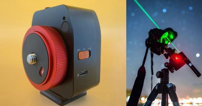 A black and red camera tracking device is shown on the left against a yellow background; on the right, the device is mounted on a tripod under a night sky with a green laser pointing upward.