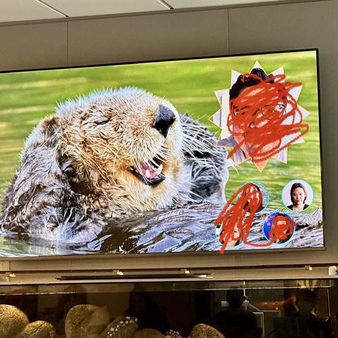 A photo of a slide with a sea otter and my photo next to it. Some other people’s faces are scratched out for privacy