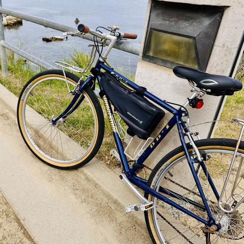 A photo of my Bridgestone bike propped against some railings at the Monterey coastal trail