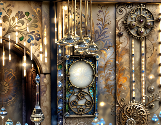 An obscure, mysterious wall clock with a blank glass face, holding swirling mist sparked with faint plasma, hanging on a bronze  accented steampunk drawing room wall, also decorated with gears, glowing pendulums, and decorative floral patterns.