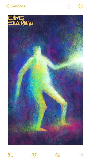 A human figure stands in a dark space, one arm forwards. The figure is various colors: yellow, bright blue, neon green. The front of the figure is glowing white. The end of its extended arm blazes with white light, as though it is welding something with pure energy. The space around it is various shades of darker blue and purple. The painting is signed "Chris Silverman".