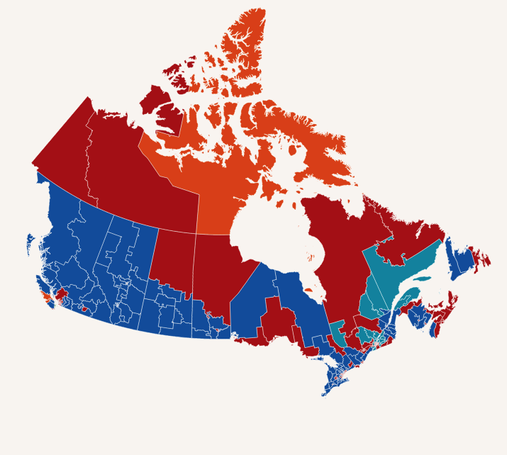 A map of Canada's recent election, where each riding is colored according to which party won