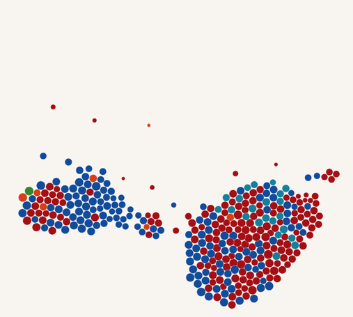 A Dorling Cartogram of the same election results. In this case each riding has been converted into a similarly-sized circle and packed into their approximate location on the map, although there is a huge amount of distortion due to Canada's high variation in population density. Basically, you see one blob at the left which is BC and Alberta (mainly blobs around their major population centers) and one bigger blob on the right which is the main Canadian population center along the Windsor to Quebec City corridor.