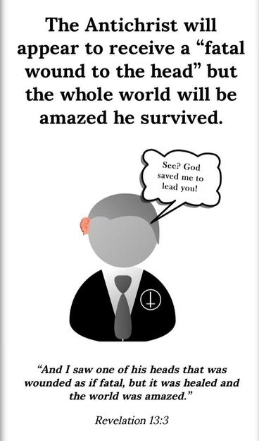 From the link:
“The antichrist will appear to receive a ‘fatal wound to the head’ but the whole world will be amazed he survived.”

The illustration shows the man wearing the upside down cross with a bright red right ear and a text bubble that says “See? God saved me to lead you!”

"And I saw one of his heads that was wounded as if fatal, but it was healed and the world was amazed."
Revelation 13:3