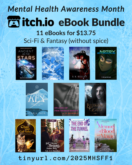 Promotional banner for Mental Health Awareness Month Itch.io Sci-Fi and Fantasy (without spice) book bundle