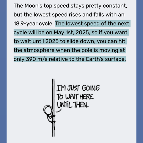 Screen shot of linked website. Highlighted text reads "The lowest speed of the next cycle will be on May 1st, 2025, so if you want to wait until 2025 to slide down, you can hit the atmosphere when the pole is moving at only 390 m/s relative to the Earth's surface." A line drawing of a person clinging to a fire pole is shown with the voice caption "I'm just going to wait here until then."
