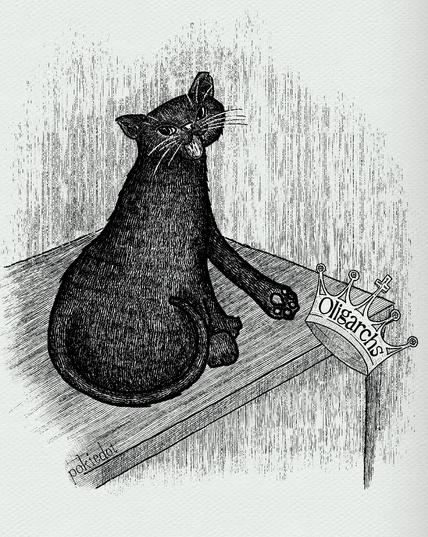 A digital pen and ink drawing of a black cat sitting on a table turning towards the viewer. The cat is knocking a crown with the word “oligarchs“ off the table.