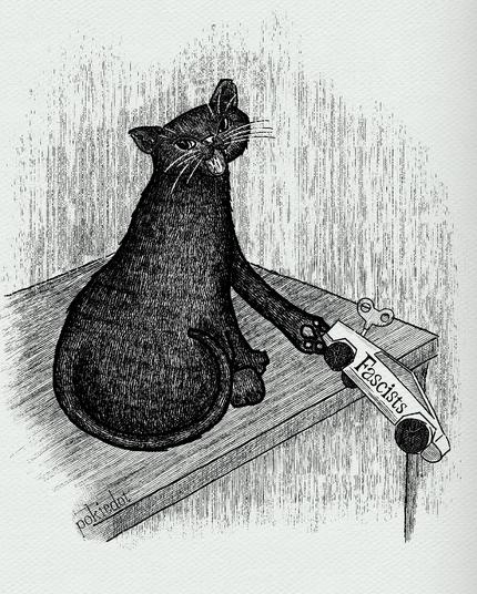 A digital pen and ink drawing of a black cat sitting on a table turning towards the viewer. The cat is knocking a wind up toy cyber truck with the word “fascists“ off the table
