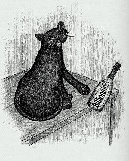 A digital pen and ink drawing of a black cat sitting on a table turning towards the viewer. The cat is knocking a champagne bottle with the word “billionaires“ off the table.
