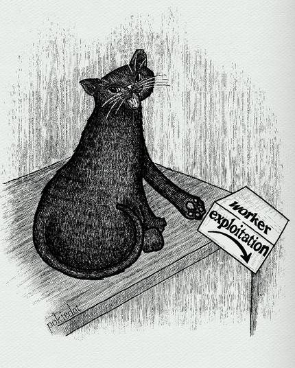A digital pen and ink drawing of a black cat sitting on a table turning towards the viewer. The cat is knocking an Amazon box with the words “worker exploitation“ off the table.