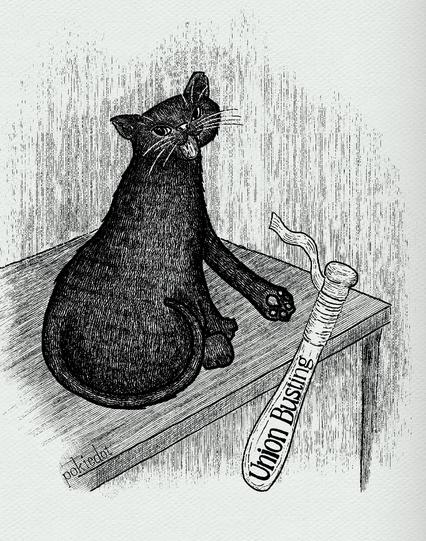 A digital pen and ink drawing of a black cat sitting on a table turning towards the viewer. The cat is knocking a billy club with the words “unionbusting“ off the table.