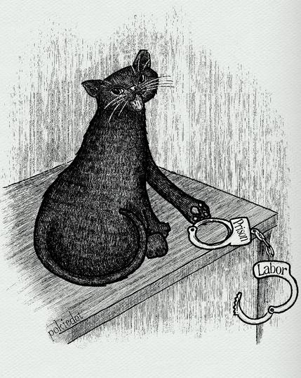 A digital pen and ink drawing of a black cat sitting on a table turning towards the viewer. The cat is knocking a pair of handcuffs with the words “prison labor“ off the table.