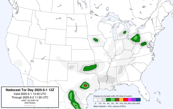 12z Day #Tornado Forecast - a map of the United States depicting areas of various colors to incidate tornado risks