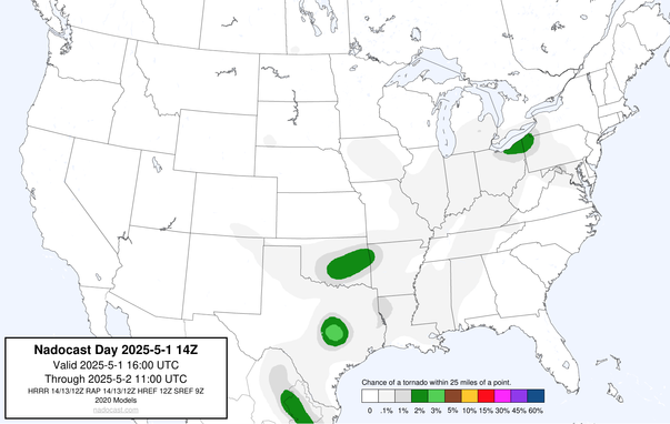 14z Day #Tornado Forecast - a map of the United States depicting areas of various colors to incidate tornado risks