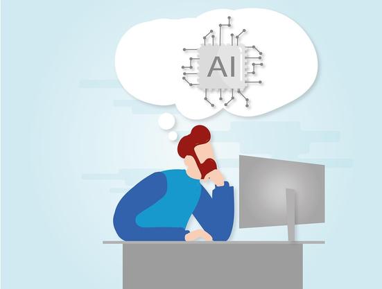 Een tekening met daarin man met baard en zonder gezichtskenmerken met blauwe kleding zittend in een denkende houding achter een grijs bureau met computerscherm en eengedachtewolk met daarin een chip met de letters AI. Gemaakt door Alexandra Koch, download van Pixabay.