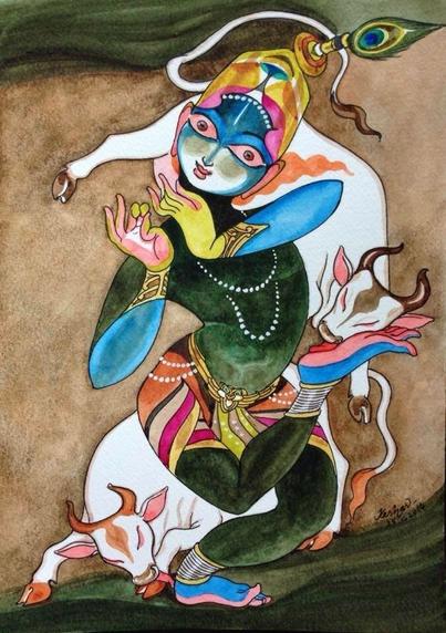 A wide-eyed blue image of Krishna, playing an invisible flute and dancing, is shown with two cows, who are both licking his feet.