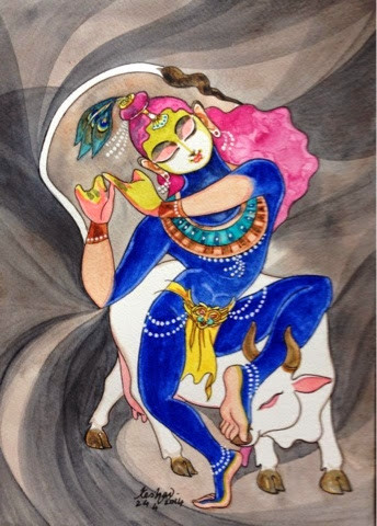 A costumed blue dancer with long pink hair is playing an invisible flute before a cow in a swirling abstract background