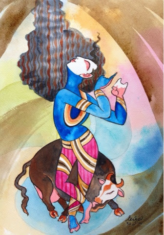 A blue dancer with pink pants and armbands is playing an invisible flute before a brown cow which is licking the sole of their foot