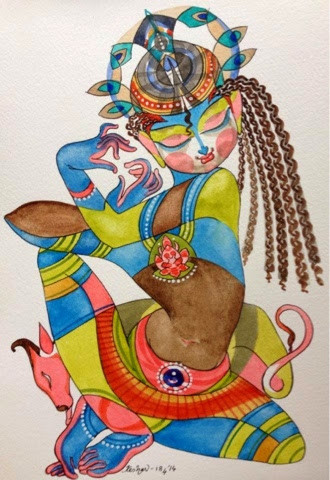 a person in elaborate costume and headdress is holding an invisible flute and kneeling in a complicated twisted yoga pose while a small cow is licking their foot