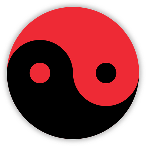 Taotech logo is a black and red yin and yang symbol that is rotated 90° so that the dots are horizontally aligned instead of vertically.

This version of the logo has the black half on the bottom, the red half on the top.