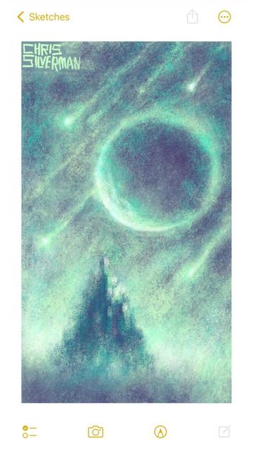 A night sky filled with a vast planet, illuminated on the left side, and flying meteors. The sky is a soft purple-gray color; the moon and meteors are a glowing greenish-white. Below the moon is a blurry conical structure that could either be a mountain or a castle. It is illuminated by the moon. The painting is signed "Chris Silverman".