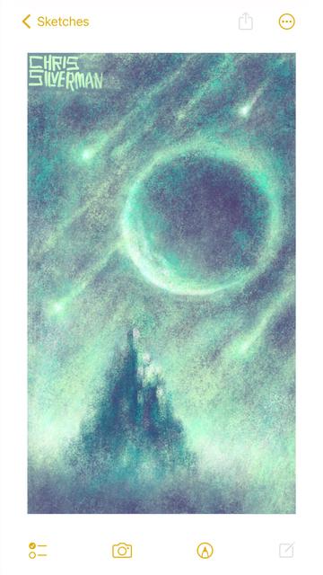 A night sky filled with a vast planet, illuminated on the left side, and flying meteors. The sky is a soft purple-gray color; the moon and meteors are a glowing greenish-white. Below the moon is a blurry conical structure that could either be a mountain or a castle. It is illuminated by the moon. The painting is signed "Chris Silverman".