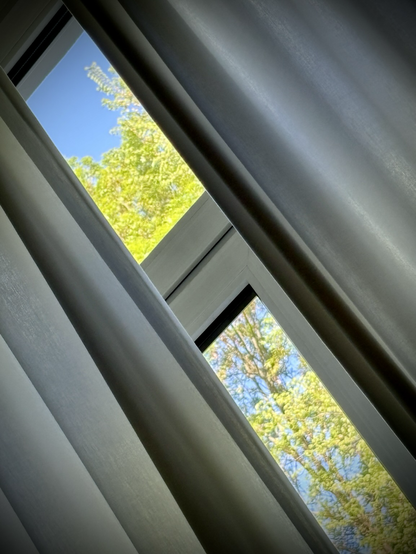 Fensterspalt zwischen Vorhängen. Draußen grün vor blauem Himmel